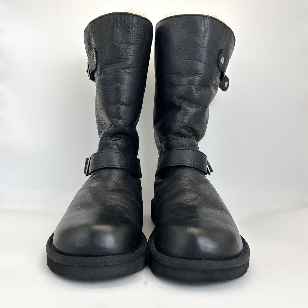 UGG Kensington Biker Moto Boots Womens Sz 10 Black Leather Buckle Shearling 5678 - Picture 4 of 9